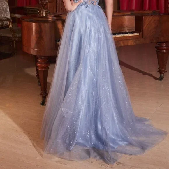 NEW LONG FORMAL A-LINE SLEEVELESS TULLE DRESS EMBROIDERED W/ FLORAL LACE CD0234